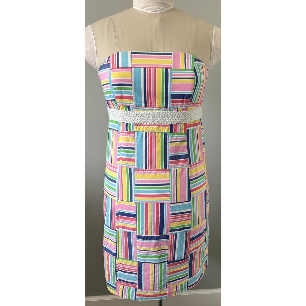 Lilly Pulitzer Bowen Strapless Pastel Patchwork Plaid Dress Size 8 Empire Waist